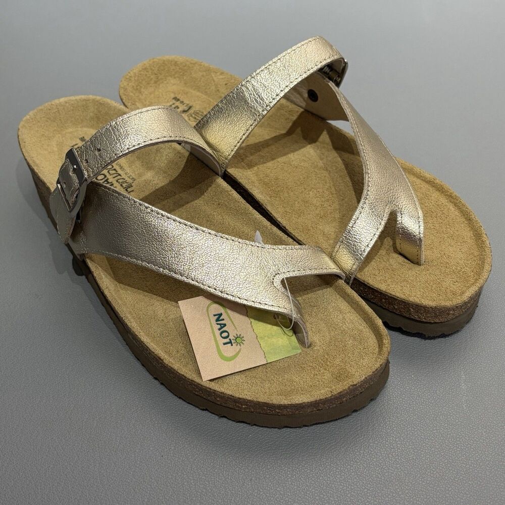 Naot Tahoe Women's 10 Leather Toe-Loop Slide Sandals Buckle Radiant Gold Leather